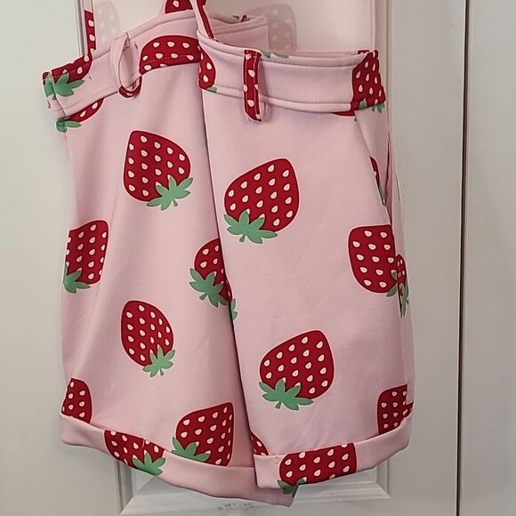 Hot Topic Pink Red Green Novelty Strawberry Print Overalls Shortalls Size M - Picture 10 of 14